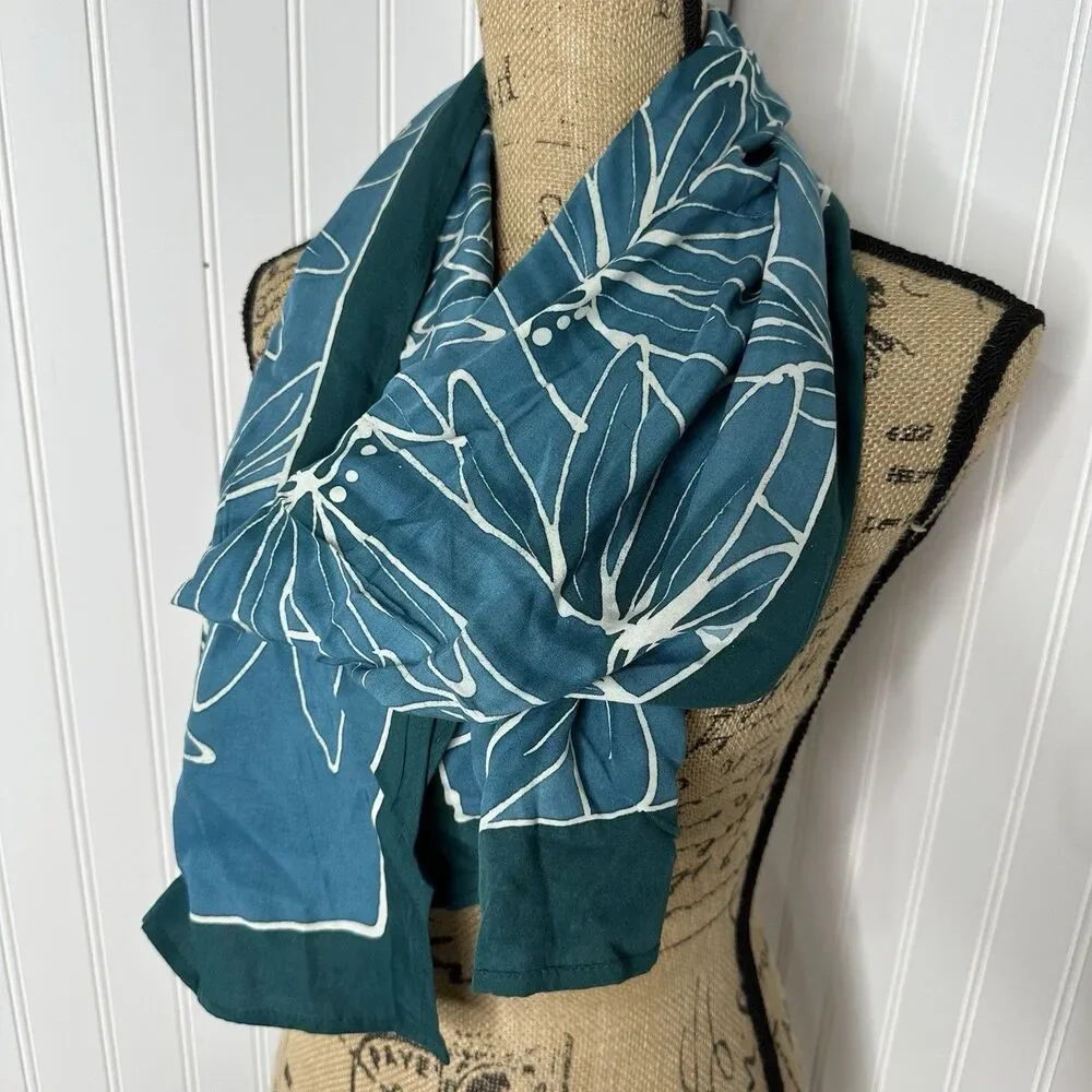 Feedora Hawaii Rectangle Scarf Teal Batik Bamboo Tropical Leaf Print 14